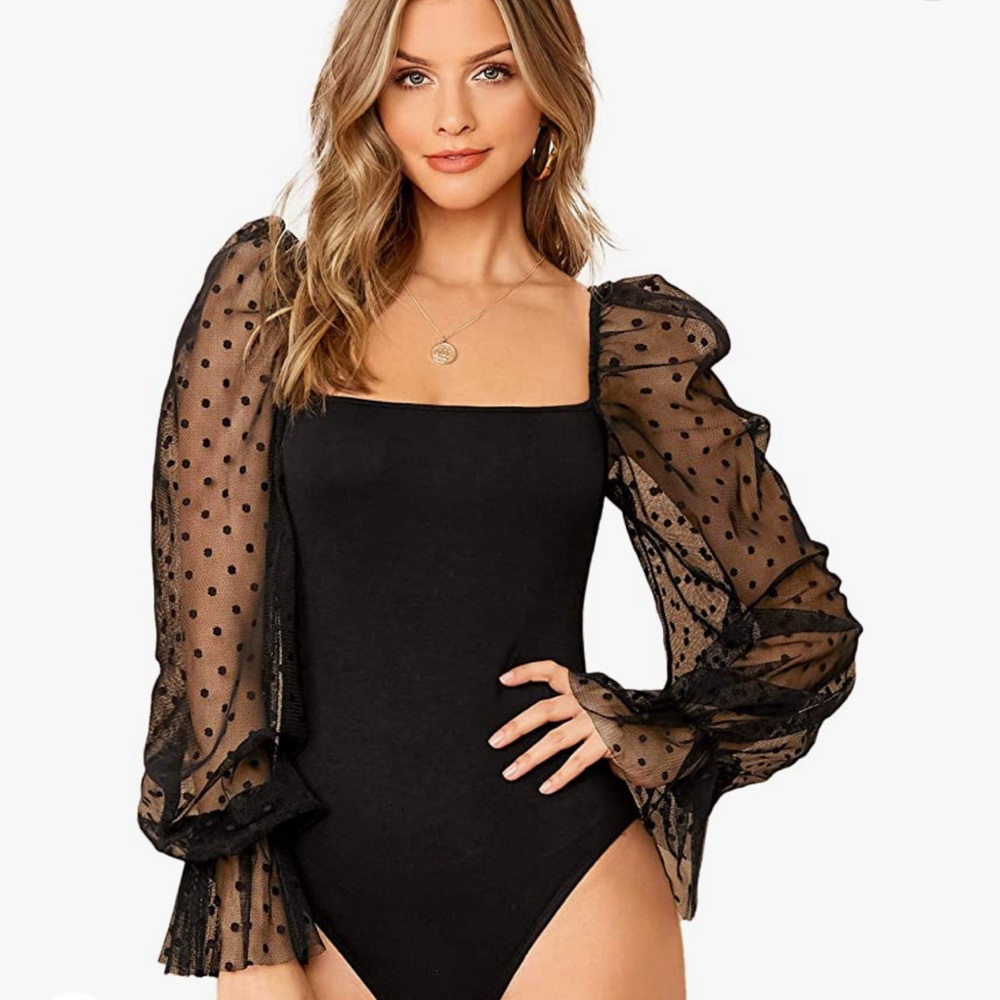 Polka dot mesh sleeve black square neck bodysuit